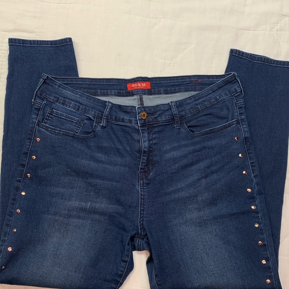 Guess Y2K Glam-Rock Blue High-Waisted Skinny Jeans‎ Rose Gold Studs Size 32